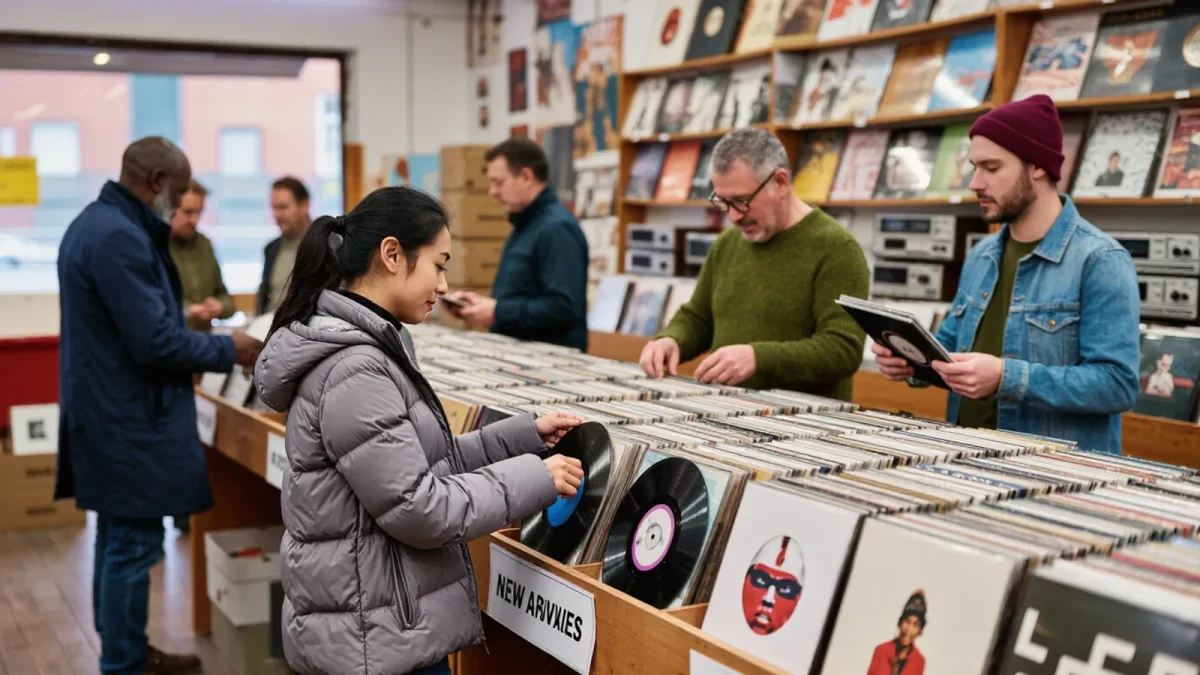 Record store shopper flipping through new electronic vinyl arrivals