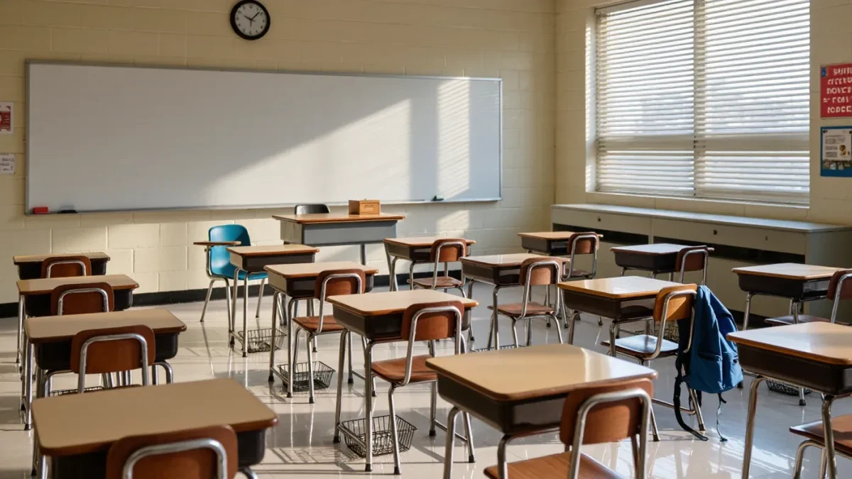 Empty rows of desks in an American middle school classroom