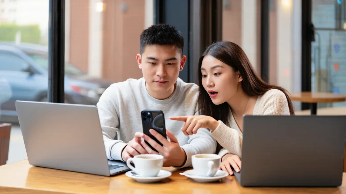 Shoppers reacting to a phone prize notification in a cafe
