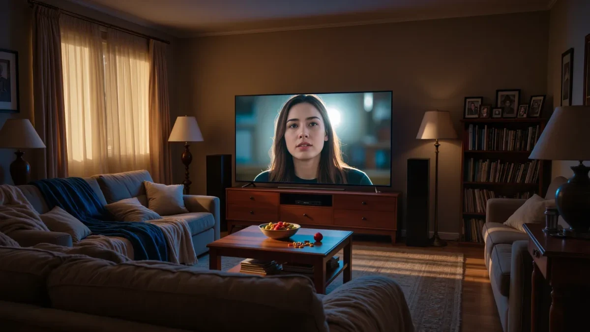 Family couch with blankets facing a glowing television in a dim living room