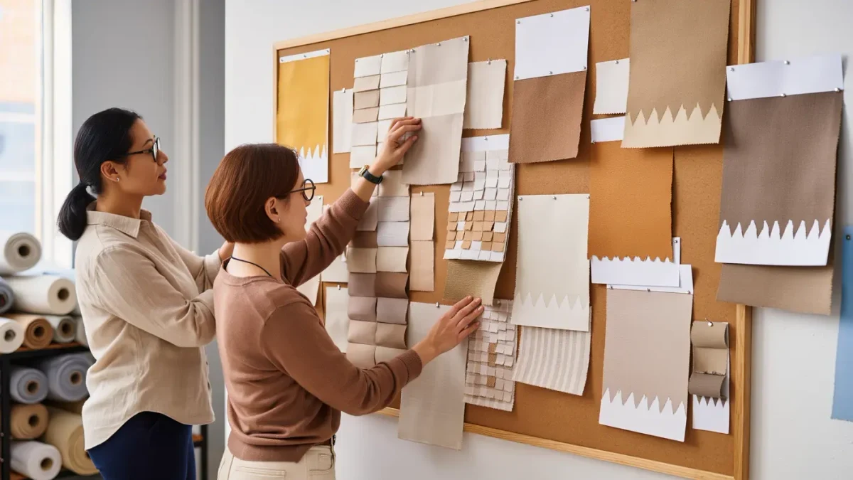 Textile designer pinning printed pattern swatches to a studio cork board