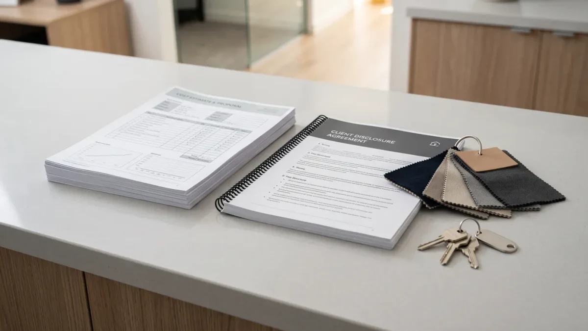 Close-up of a stack of cost documents beside branded opening materials