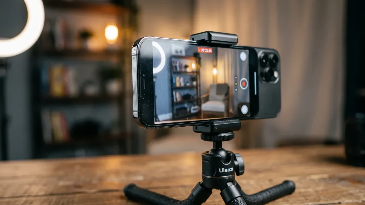 Close-up of a phone recording a creator video on a tripod