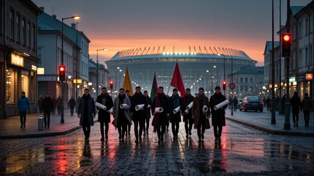 Away supporters walking to an evening match