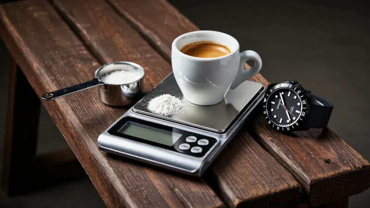 Espresso cup and measuring scale on a locker room bench