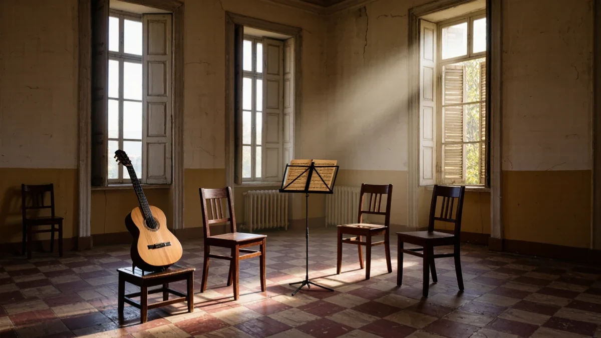 Old Buenos Aires teaching studio with sheet music stands and guitars