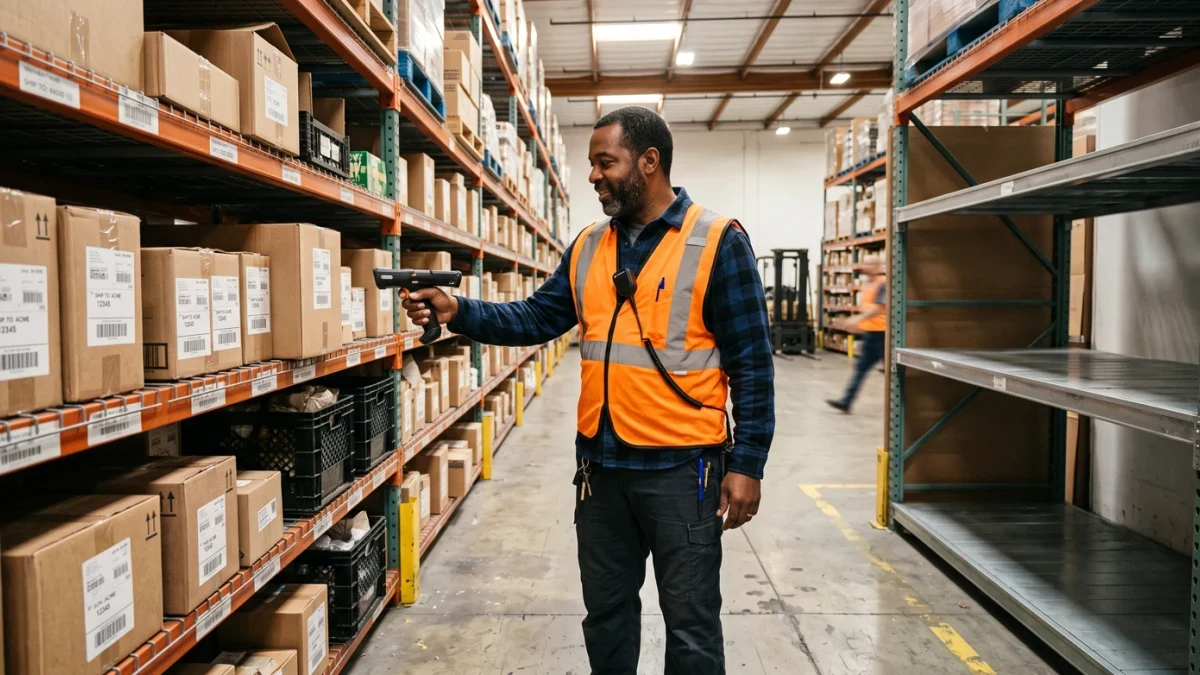Warehouse manager scanning shelves with handheld