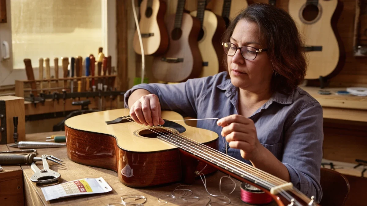 Guitar technician restringing an acoustic bridge with pins