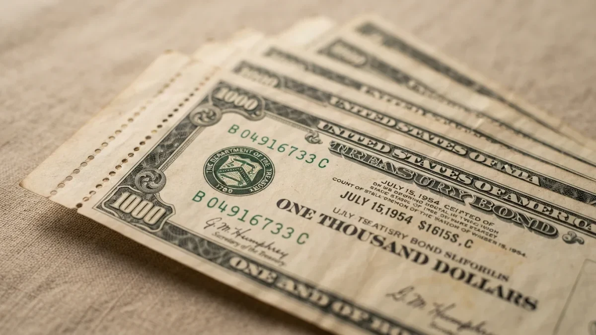 Macro detail of engraved Treasury bond certificates fanned across a neutral studio backdrop