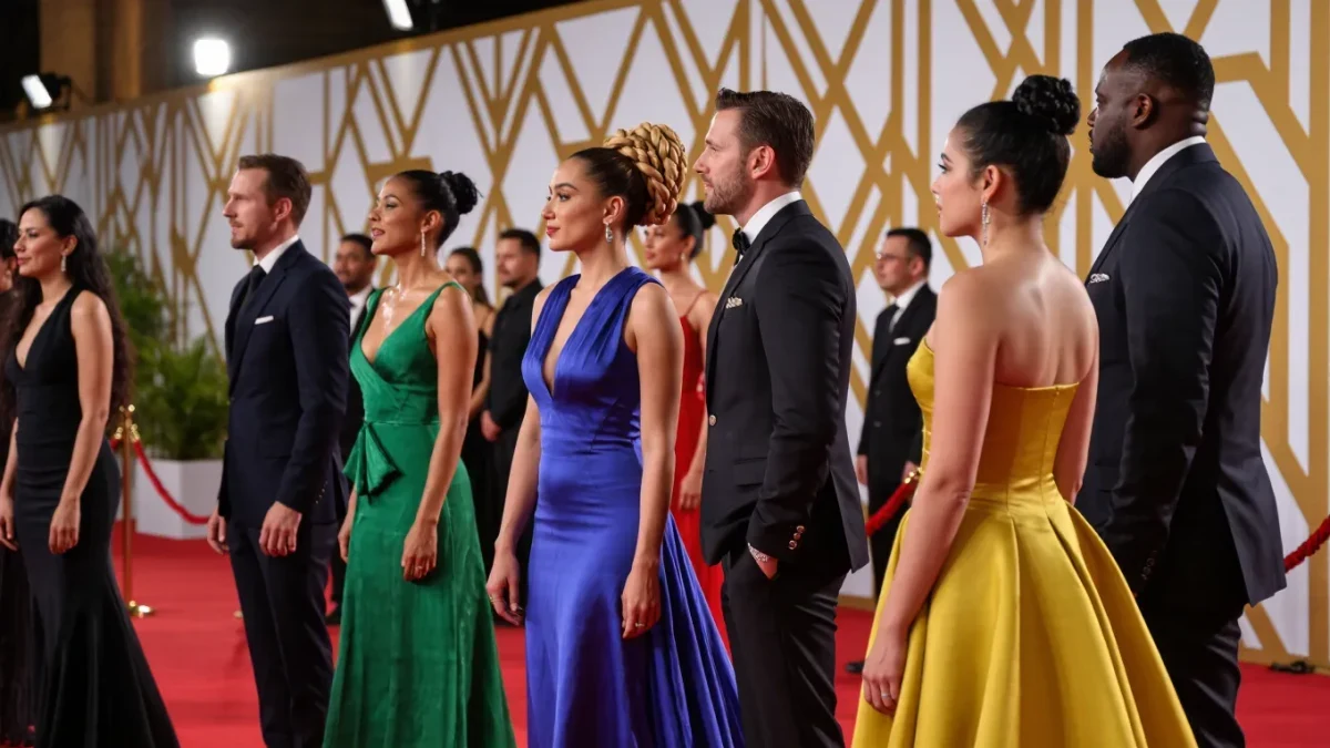 Diverse real people at a premiere in vivid formal colors