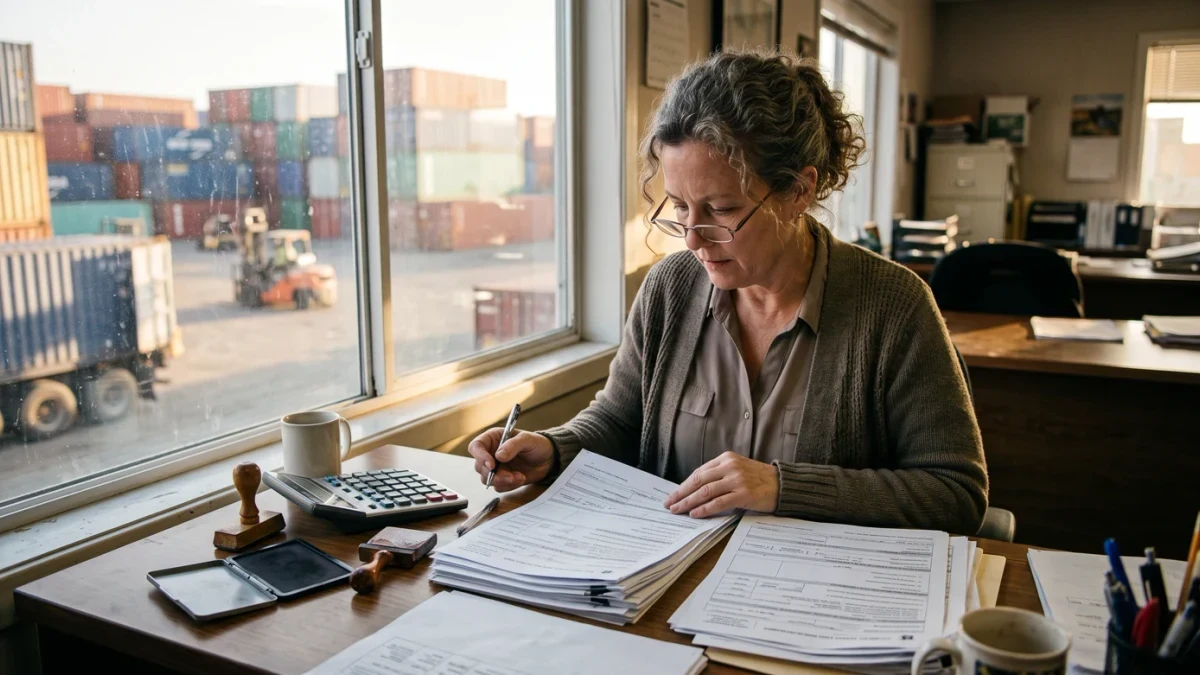 Customs broker reviewing duty entries at freight terminal office