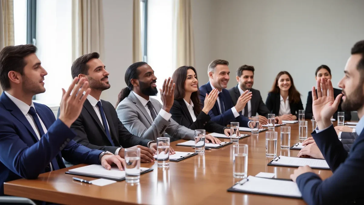 Diverse committee members voting around a large conference table