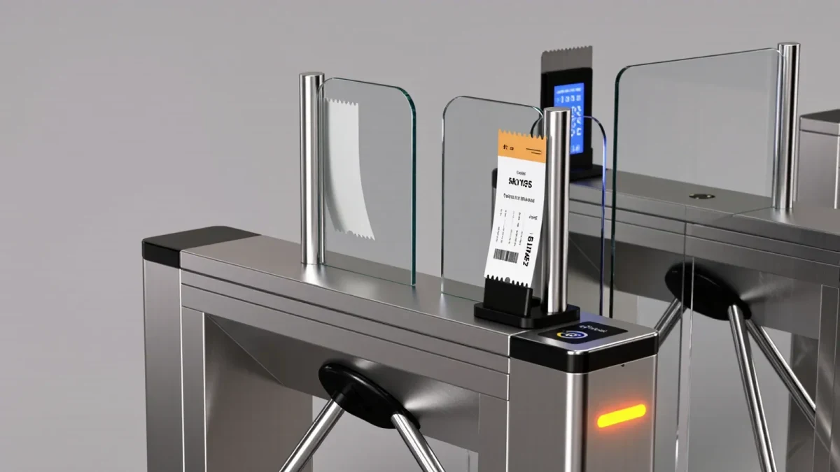 Close-up of stadium turnstile counter with ticket in hand