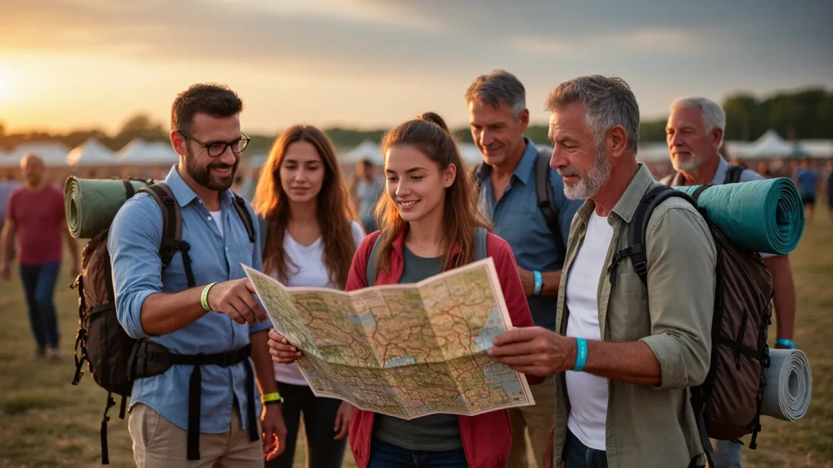 First-time festival crowd checking a paper site map at golden hour