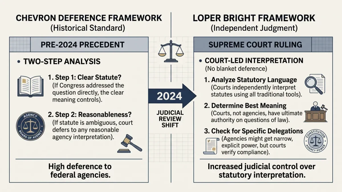 Two-column infographic of the Chevron versus Loper Bright frameworks