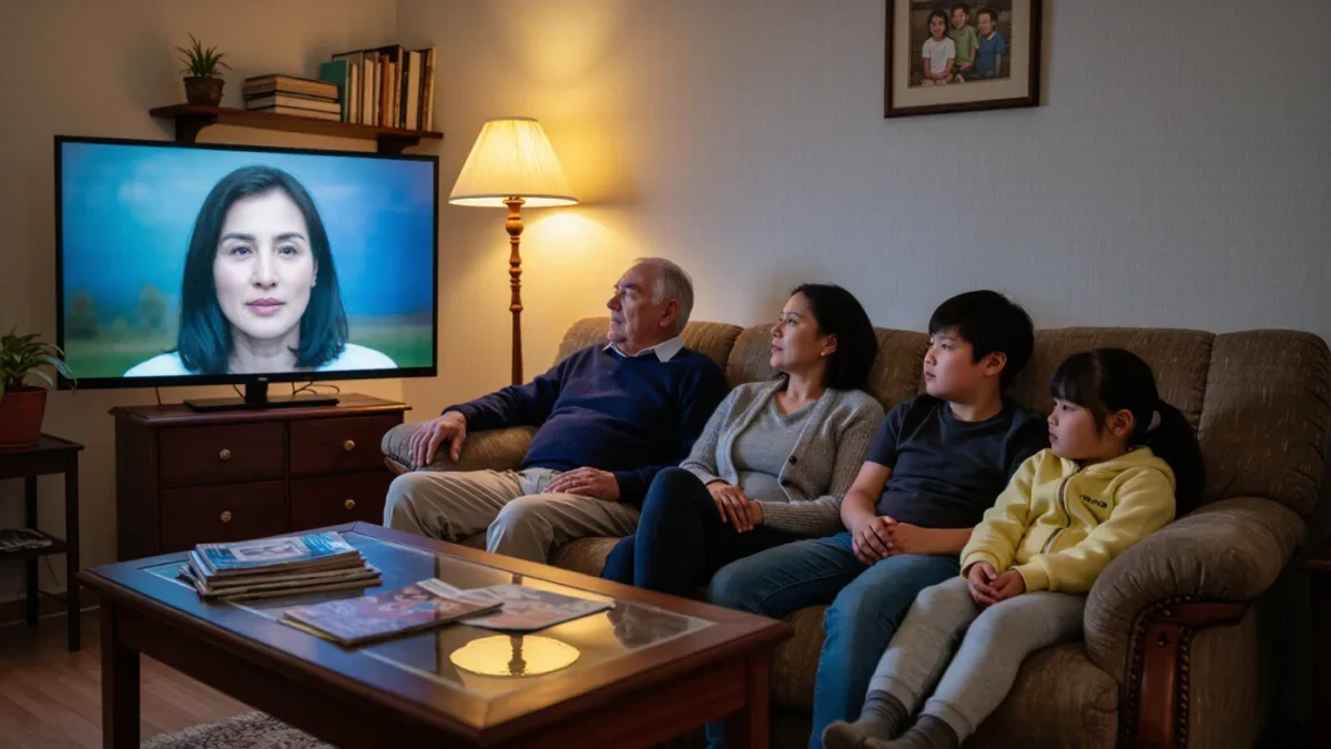 Diverse family on a couch reacting to a glowing television
