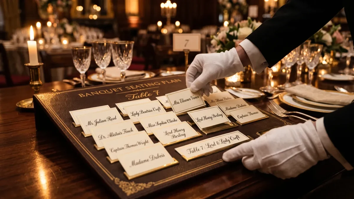 Banquet seating chart with place cards being arranged by gloved staff