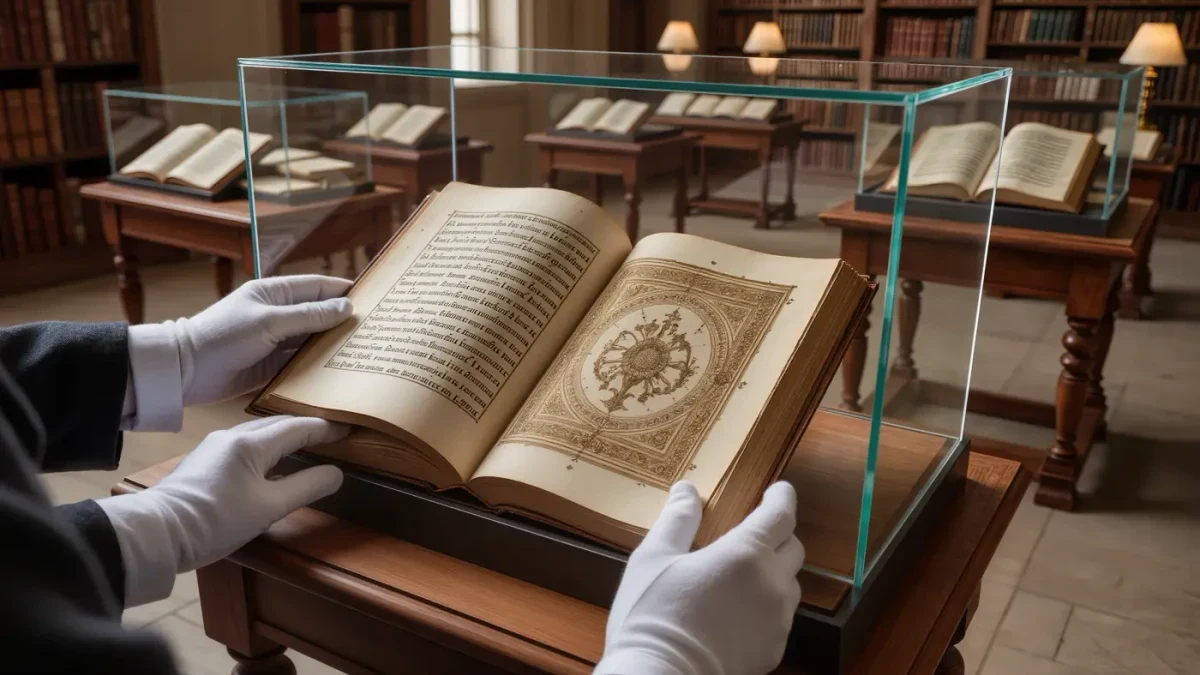 Gloved hands turning a vellum page in a manuscripts reading room
