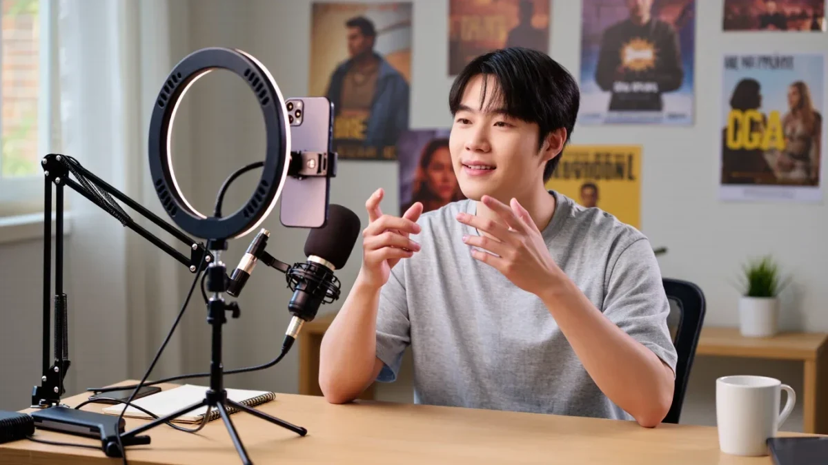 Person filming a video review at a desk with ring light