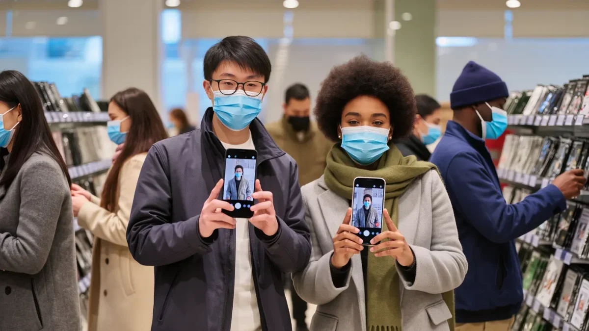 Shoppers browsing short video product clips on phones inside a busy store