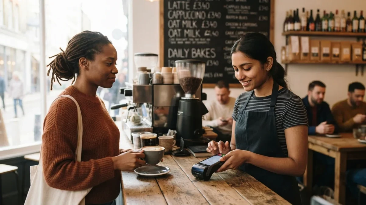 Café customer and barista waiting on a payment terminal