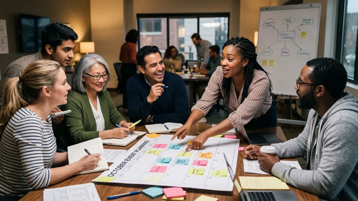 Diverse employee group planning an event around a conference table