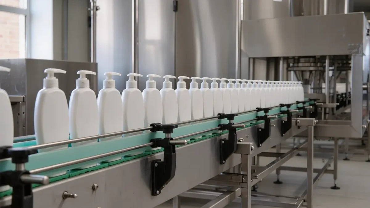Photojournalistic scene of a modern packaging line with unbranded shampoo bottles
