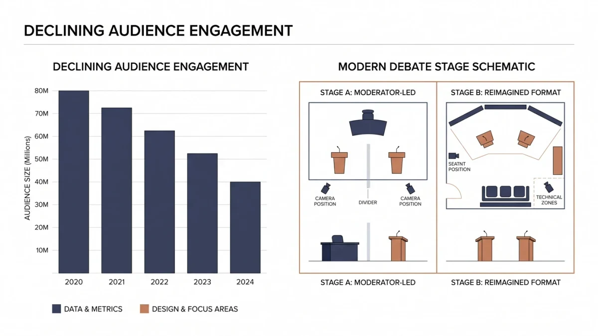 Declining audience bars beside a split-screen debate stage graphic