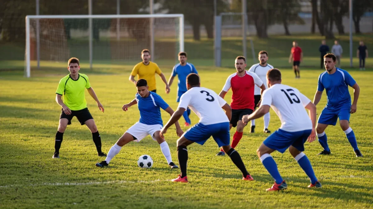 Amateur players contesting the ball at the edge of the box