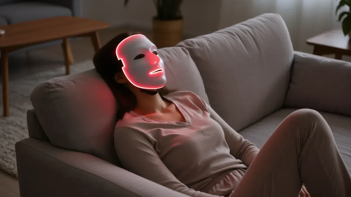 woman at home wearing unbranded red LED face mask