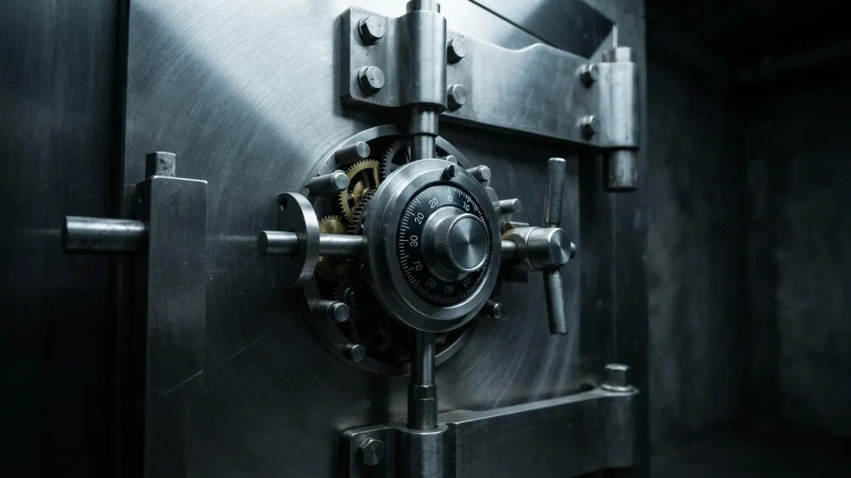 Macro close-up of a massive brushed-steel bank vault door