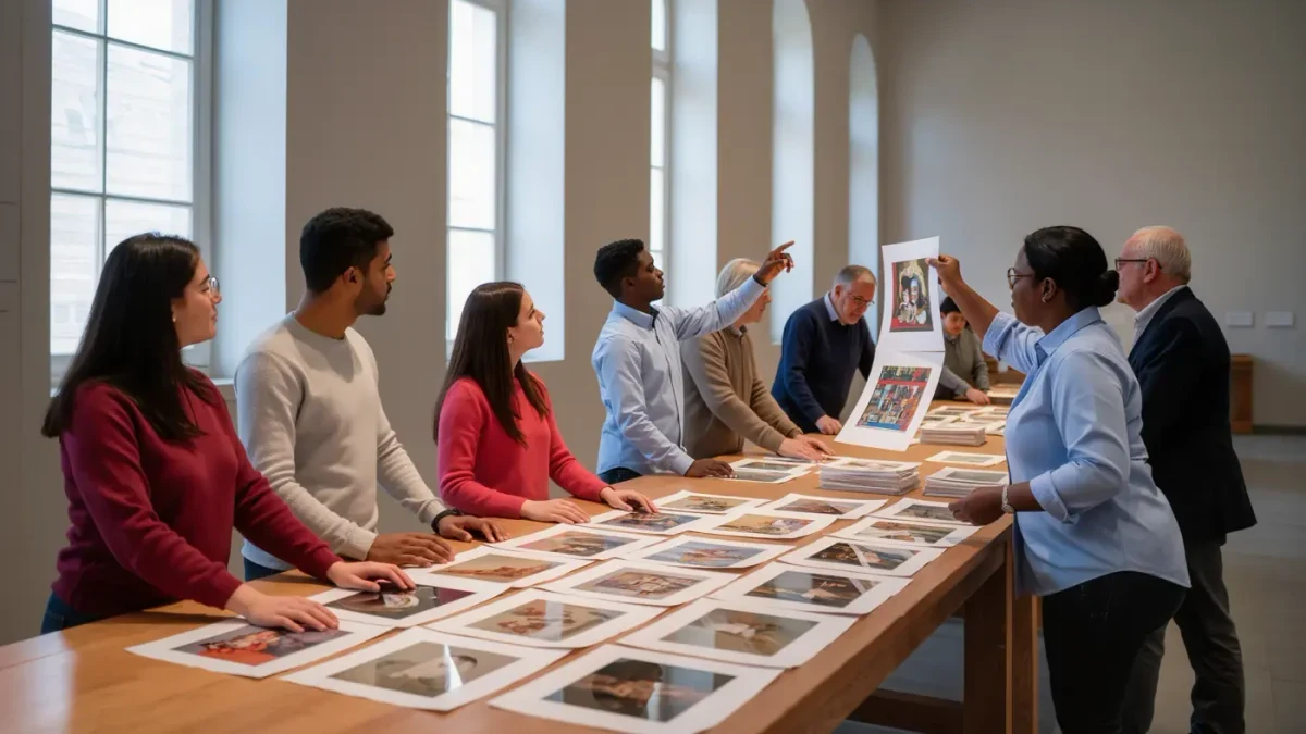 Museum staff members sort printed artwork reproductions at a worktable