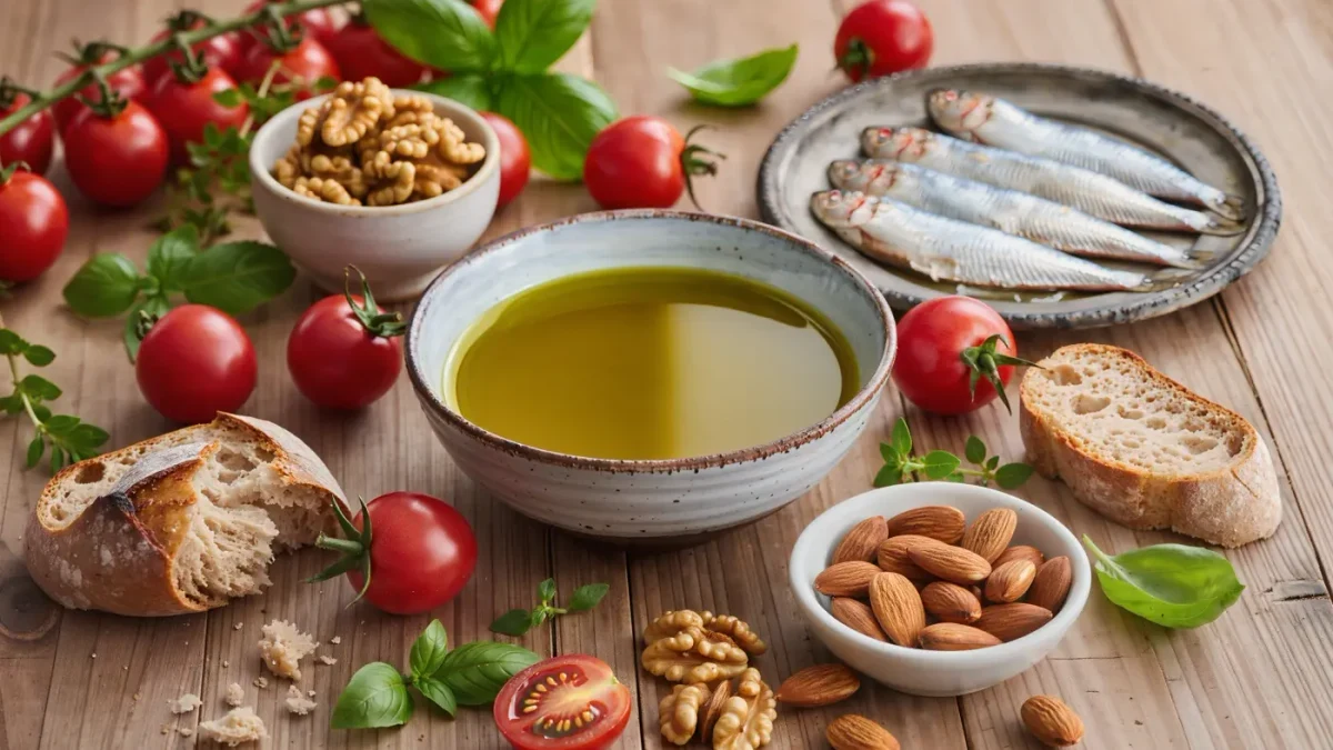 Overhead close-up of Mediterranean foods on a rustic wooden table