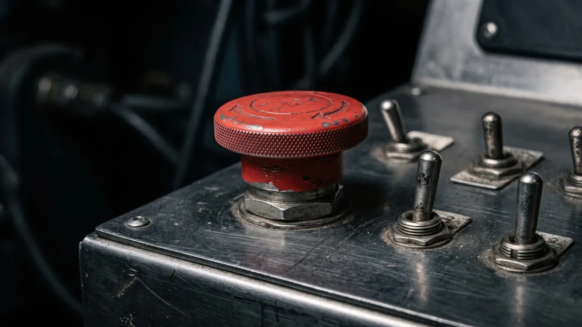 Close-up of an emergency trading halt button on an exchange console