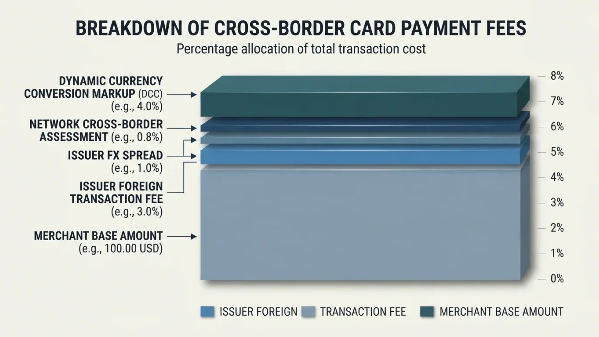 Stacked diagram of fee layers inside one cross-border card payment
