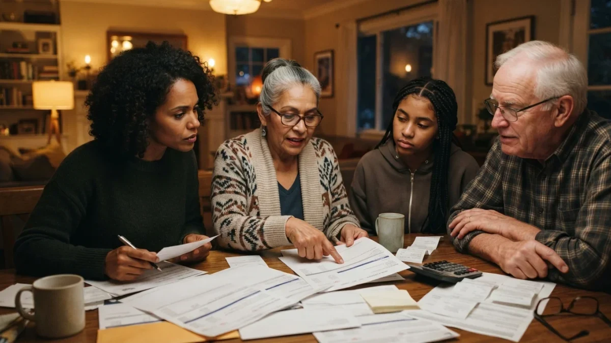 Family reviewing printed bank statements together at a dining table