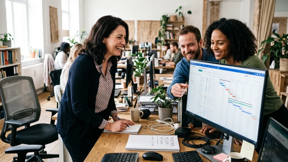 Mid-career professional welcomed to a new team at her desk