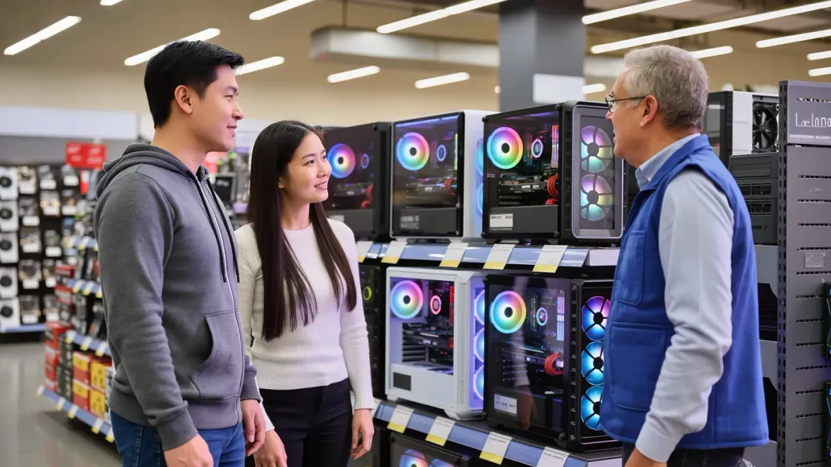 Shoppers comparing gaming PC towers in a computer store aisle