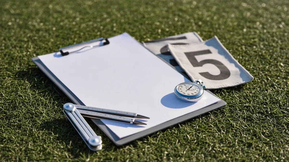 Studio close-up of a clipboard and stopwatch on grass