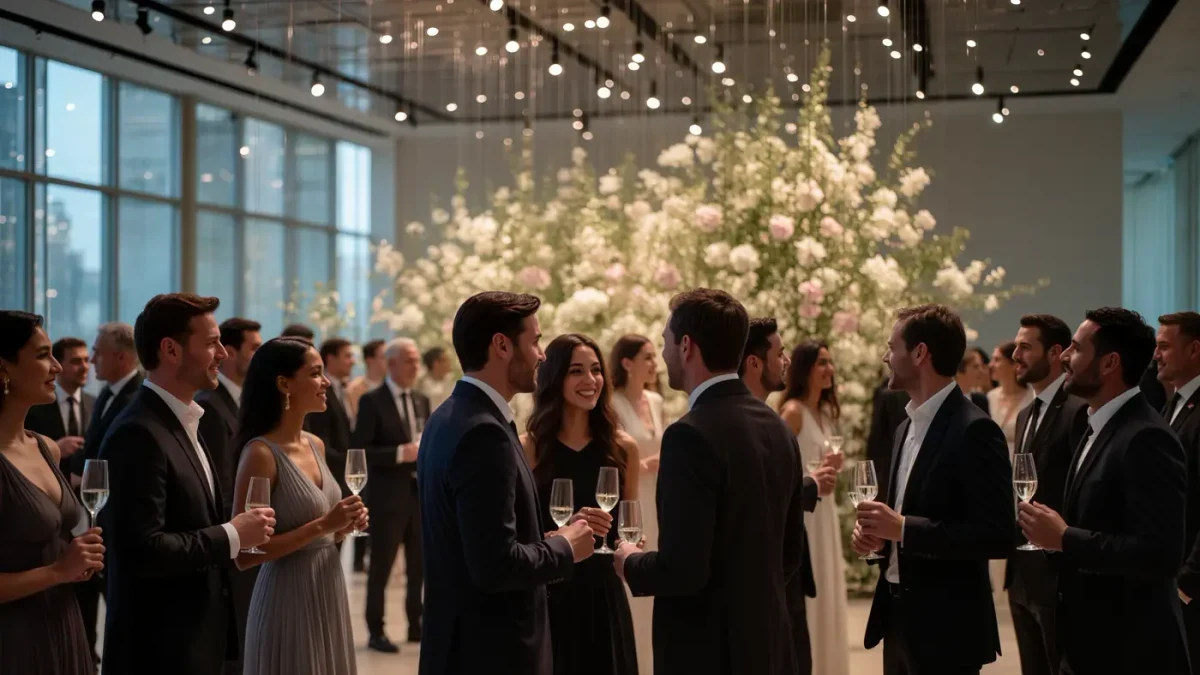 Guests mingling under warm lights at an evening brand launch party