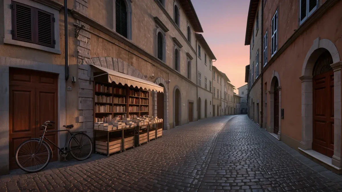 Empty medieval Italian street with a closed bookstall at dawn