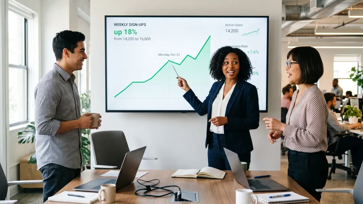 Growth team discussing one large rising metric on a wall screen