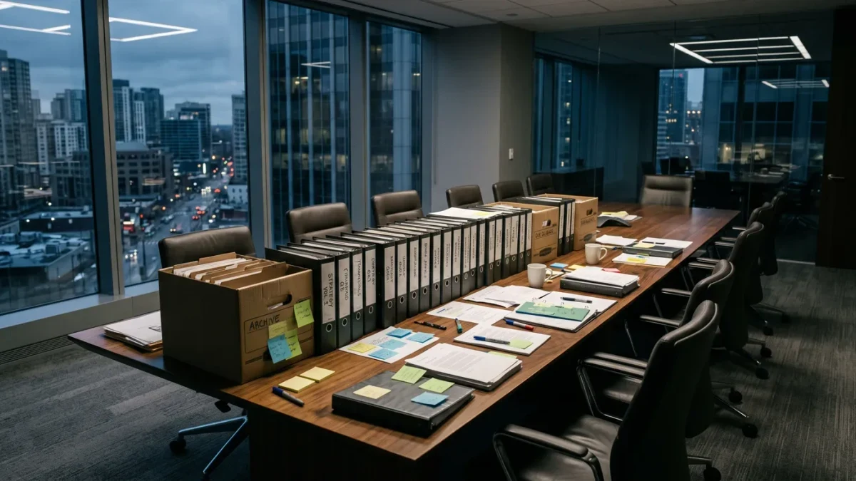 Empty corporate boardroom with stacked restructuring binders