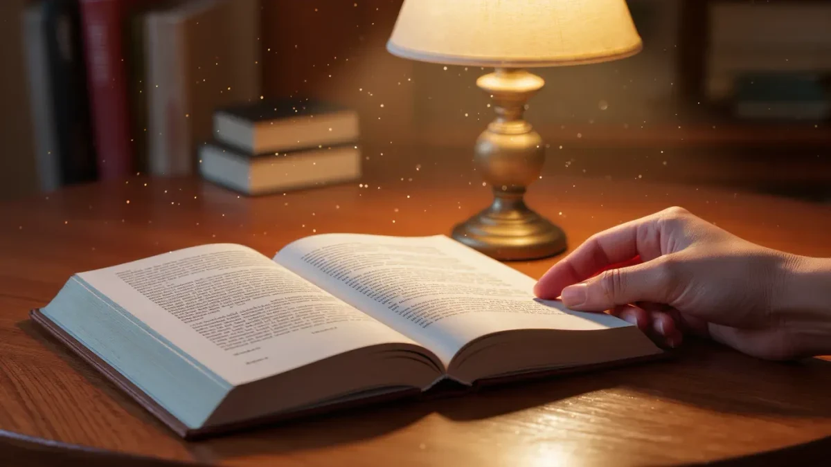 Close-up of an open novel's first paragraph under lamplight