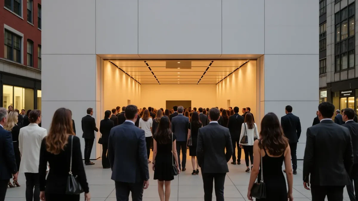 Guests arriving at a private fashion presentation on a Manhattan evening