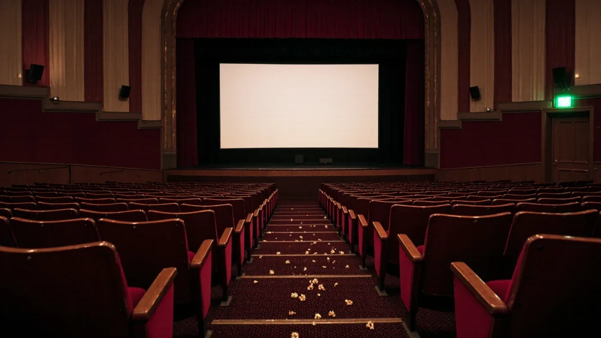 Empty vintage cinema auditorium glowing before a late screening