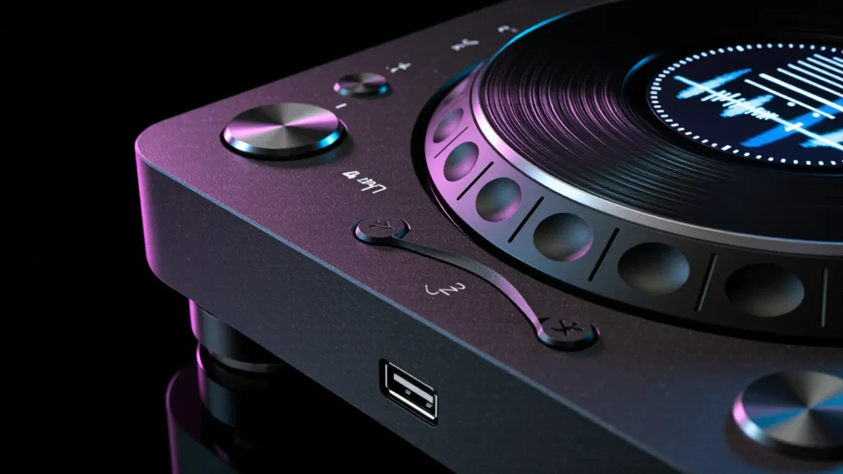 Macro close-up of a DJ player jog wheel under club light