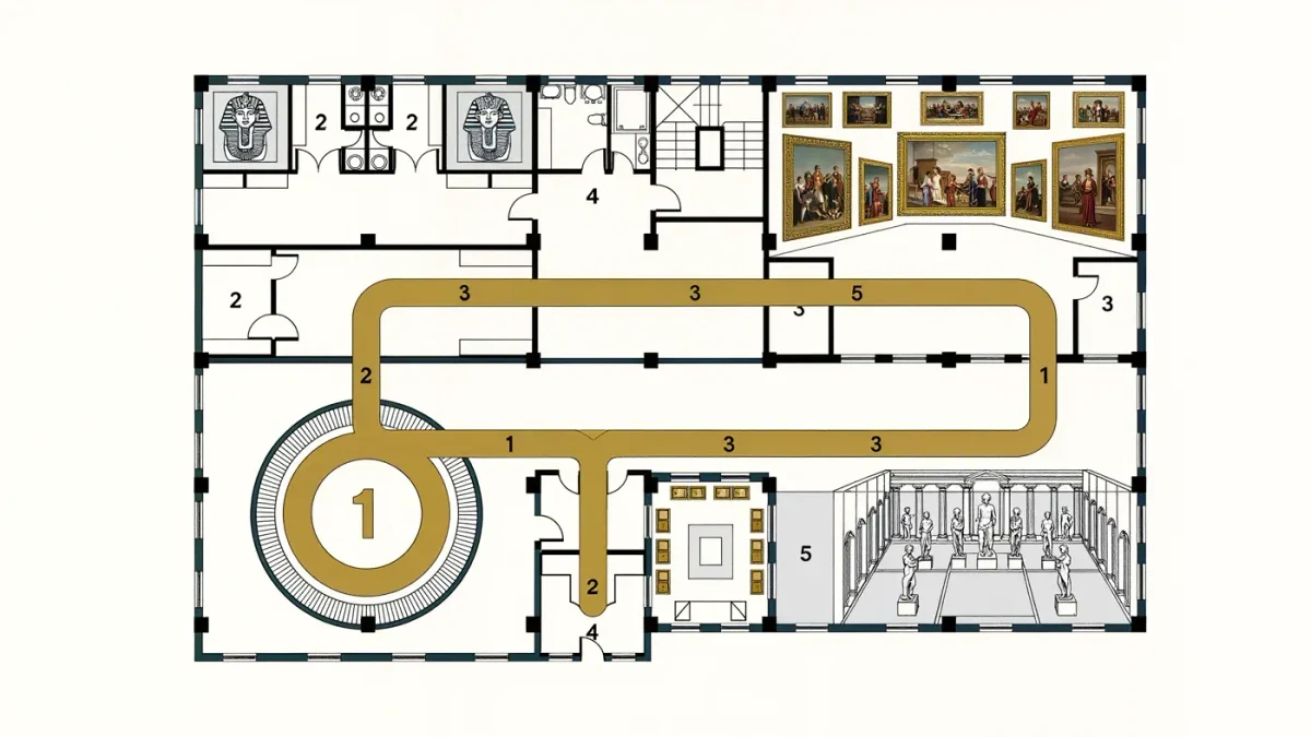 Numbered one-visit route diagram through museum floors and wings