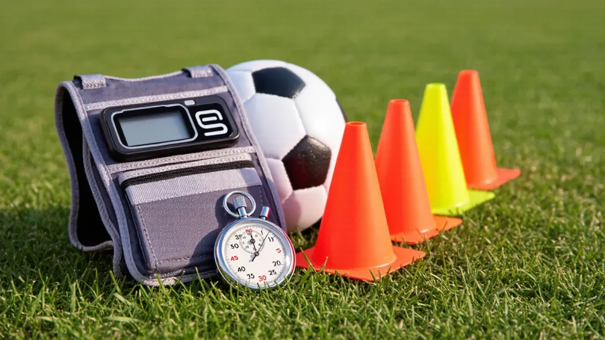 GPS vest and training cones arranged on grass beside ball