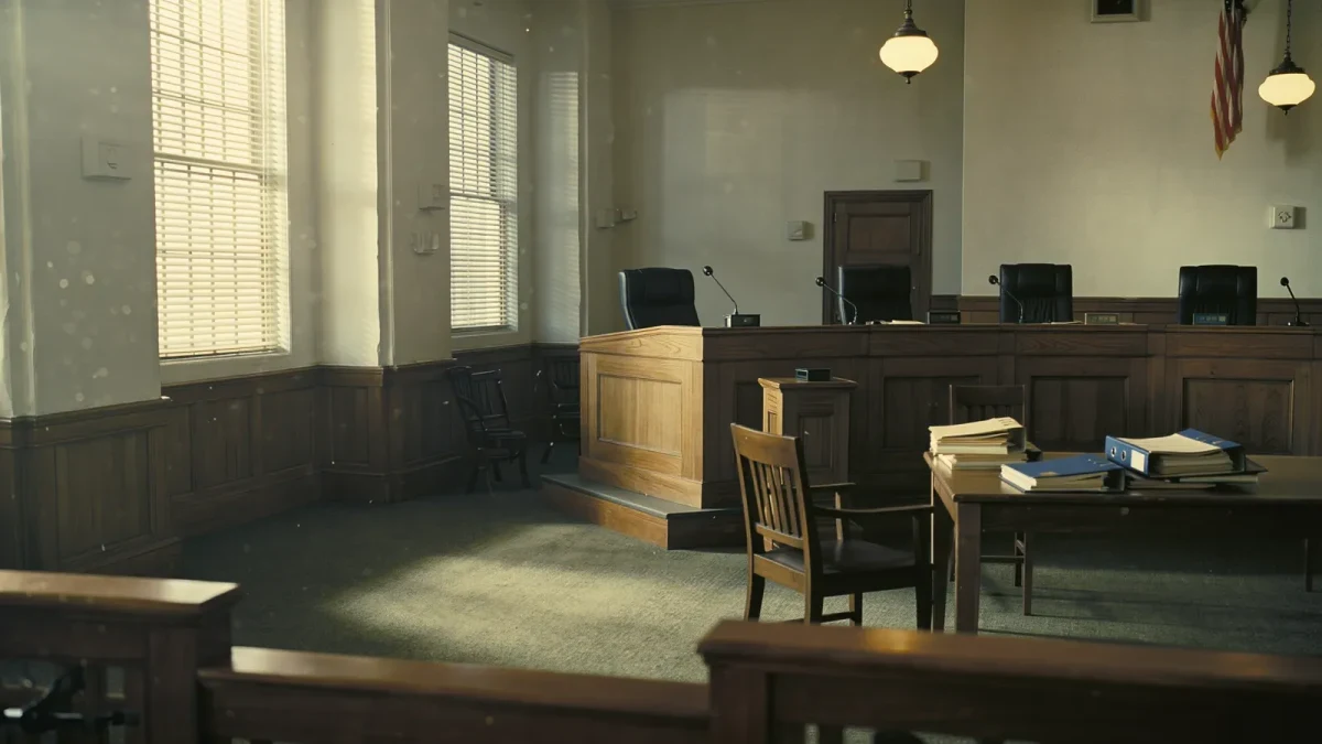 Empty courtroom interior before morning session